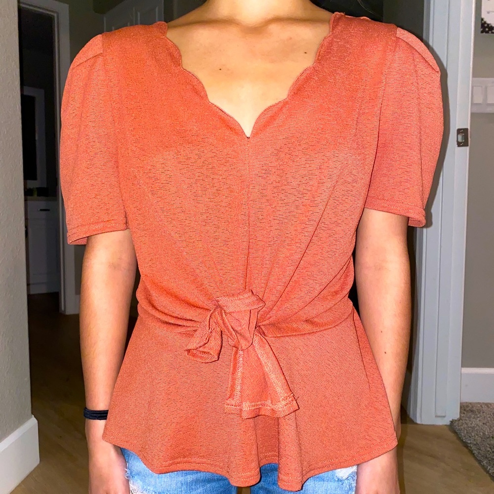 Coral Colored tie blouse